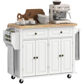 Kitchen Island Cart with Rubber Wood Top, Rolling Kitchen Island Table on Wheels with Drawers, Adjustable Shelves, Spice Rack and Towel Rack for Dini (Option: White-1040x555x210 mm)