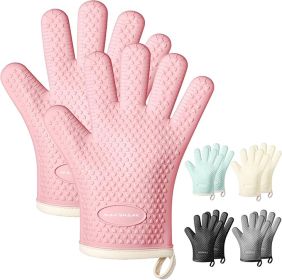 Silicone Oven Mitts Heat Resistant 450 Degrees,Waterproof & Non-Slip Oven Gloves with Fingers (Color: Pink-2)
