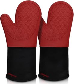 Extra Long Silicone Oven Mitts, Heat Resistant Oven Gloves with Quilted Liner Non-Slip Textured Grip Perfect for BBQ, Baking (Color: Red)